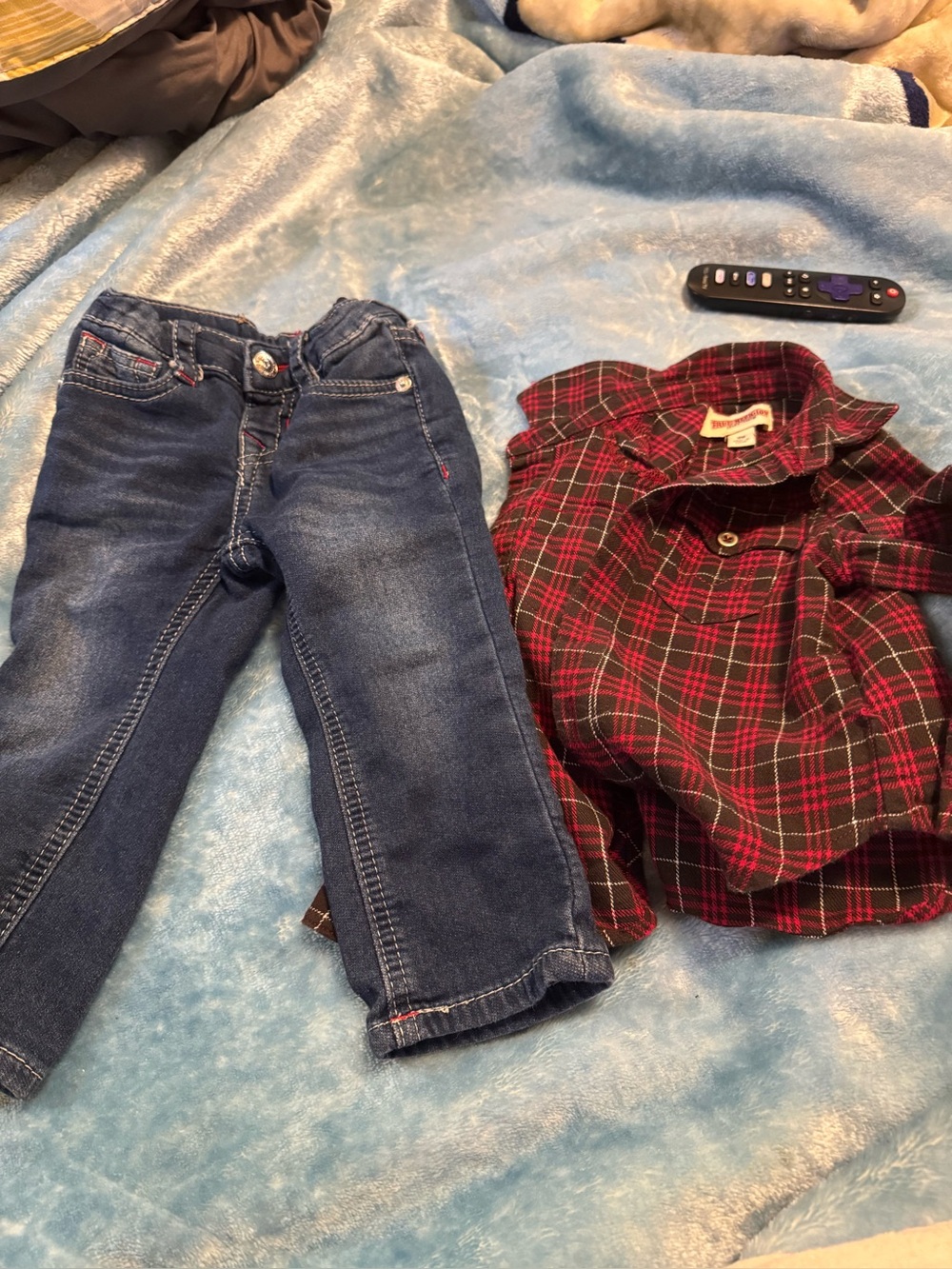 Toddler Dark Wash Jeans & Red Plaid Button-Up Shirt Set